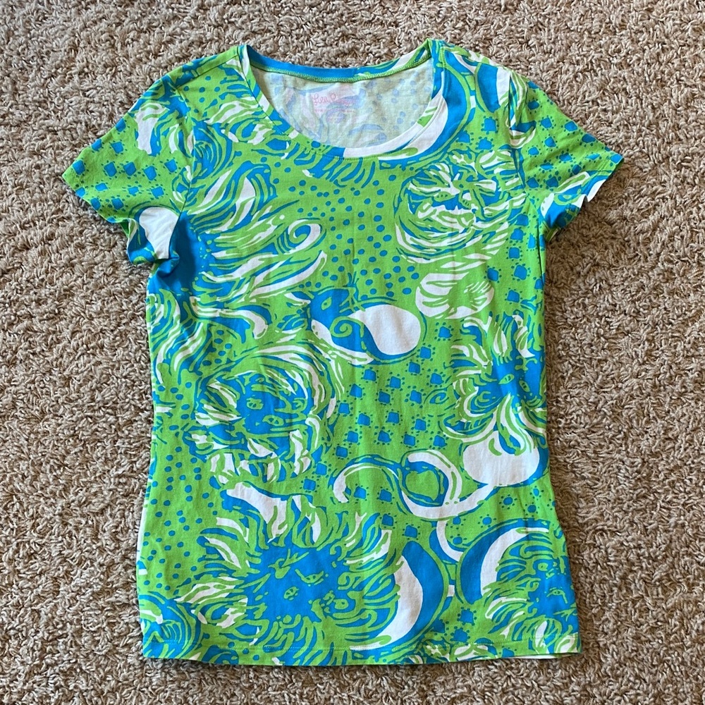 Lilly Pulitzer Green and Blue Floral Short Sleeve Tee